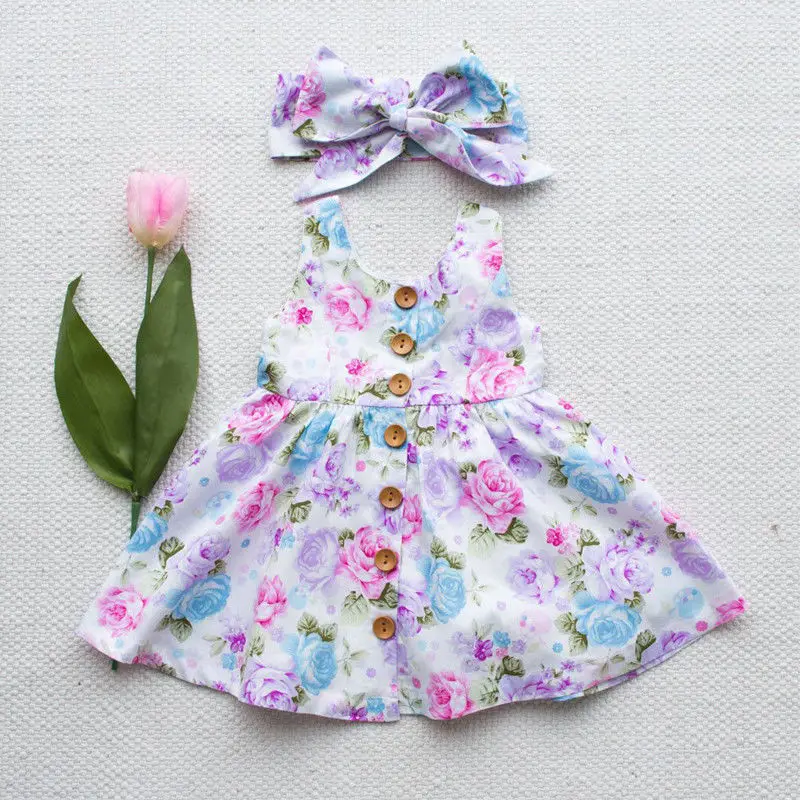 

2pcs Baby Girl Floral Clothes set Toddler Kids Tank Dress Match headband Summer Button sleeveless sundress infant girl Clothes