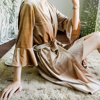 

2PCS Robe Set Nightwear Women Sleep Set Velour Autumn New Home Clothing Intimate Lingerie Velvet Sleepwear Bathrobe Gown