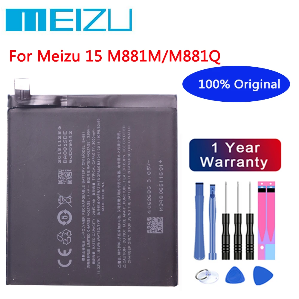 

Meizu 100% Original 3000mAh BA881 Battery For Meizu 15 M881M/M881Q Phone Lastest Produce High Quality Battery+Free tools