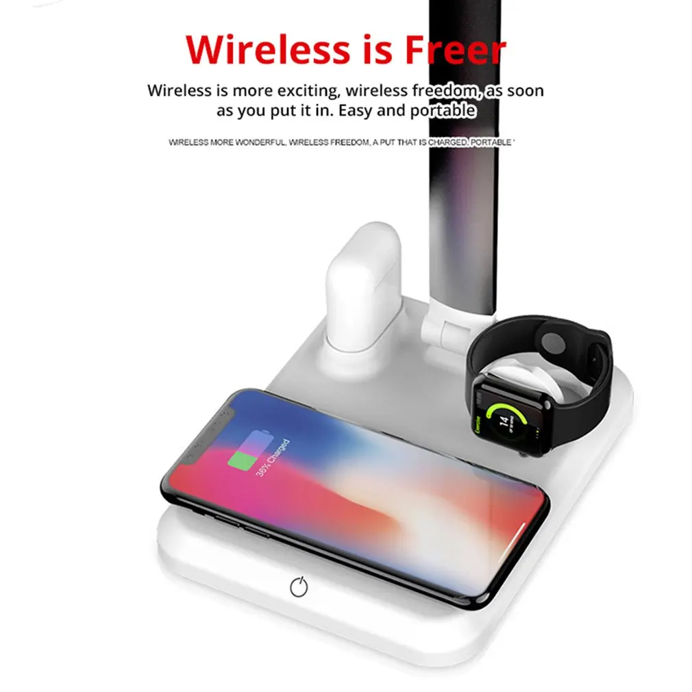 

4 In1 Led Desk Lamp Wireless Charger Abs For Iphone/Airpods Touch On/Off Switch Three Light Modes Table Lamp