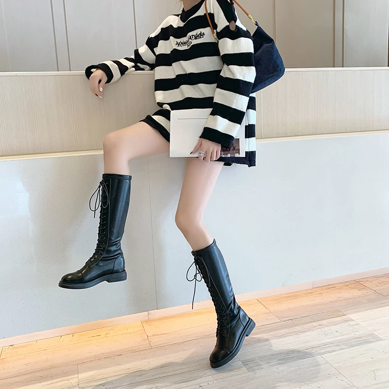 Thick-soled Stretch Leather High Boots New Motorcycle Boots Women 2022 Autumn and Winter Long Boots Chelsea Women's Autumn Shoes