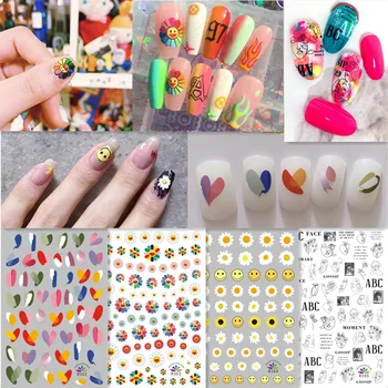 

1 sheet Daisy Nail Art Stickers Colorful Flower Graffiti love heart Nail Sticker Adhesive 3D Nail Decals