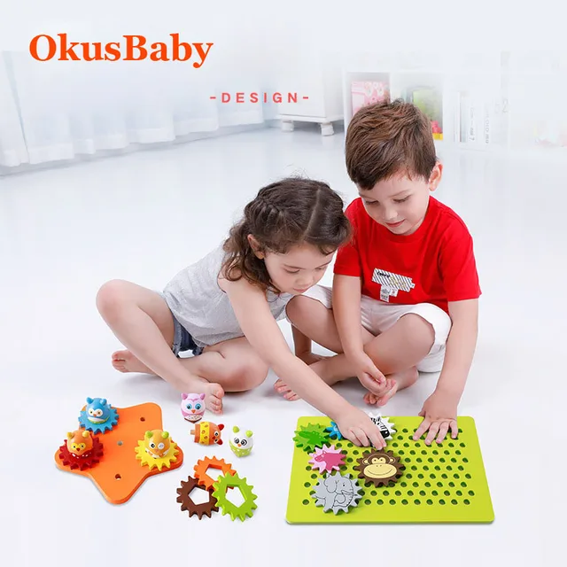 Colorful Wooden Children Early Educational Mechanical Gear Design Cartoon Animal Baby Building Blocks Combine Toy Set Pull Toy 1