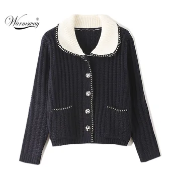 

Fashion Loose Retro Short Knitted Sweater Cardigan Autumn Winter Women Long Sleeve Pockets Single Breasted Jacket Sweater CY-025