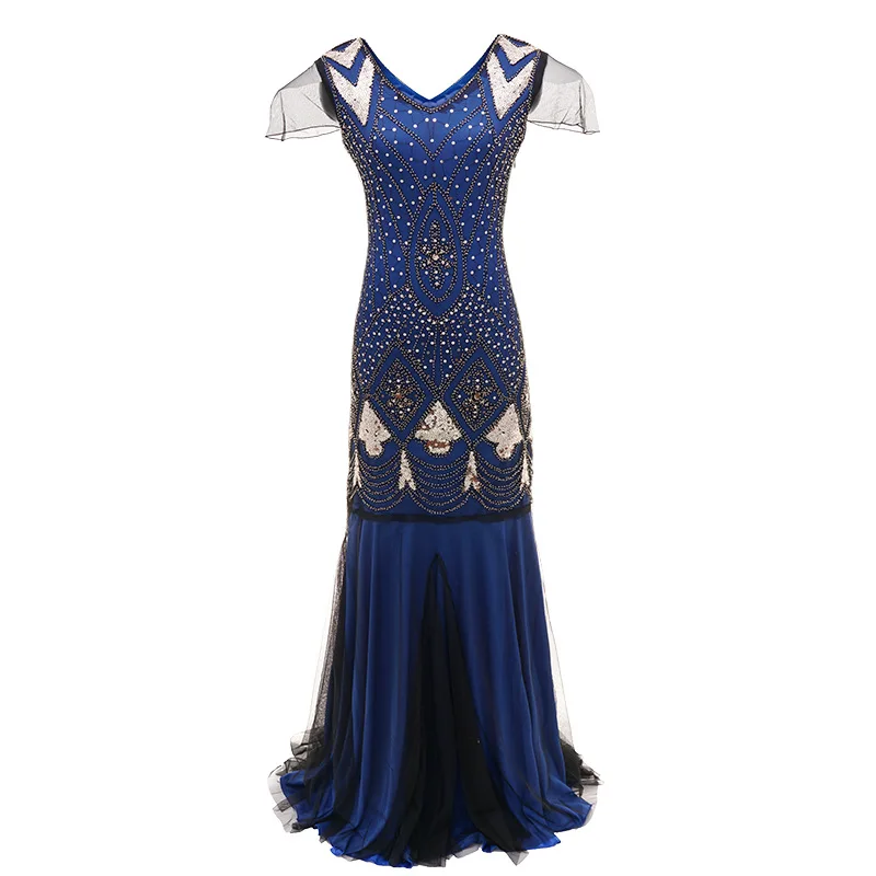 Женское платье 1920s Great Gatsby, длинное платье 20 s, винтажное платье с v-образным вырезом и коротким рукавом, вечерние платья макси для выпускного вечера, коктейльное платье - Цвет: Синий