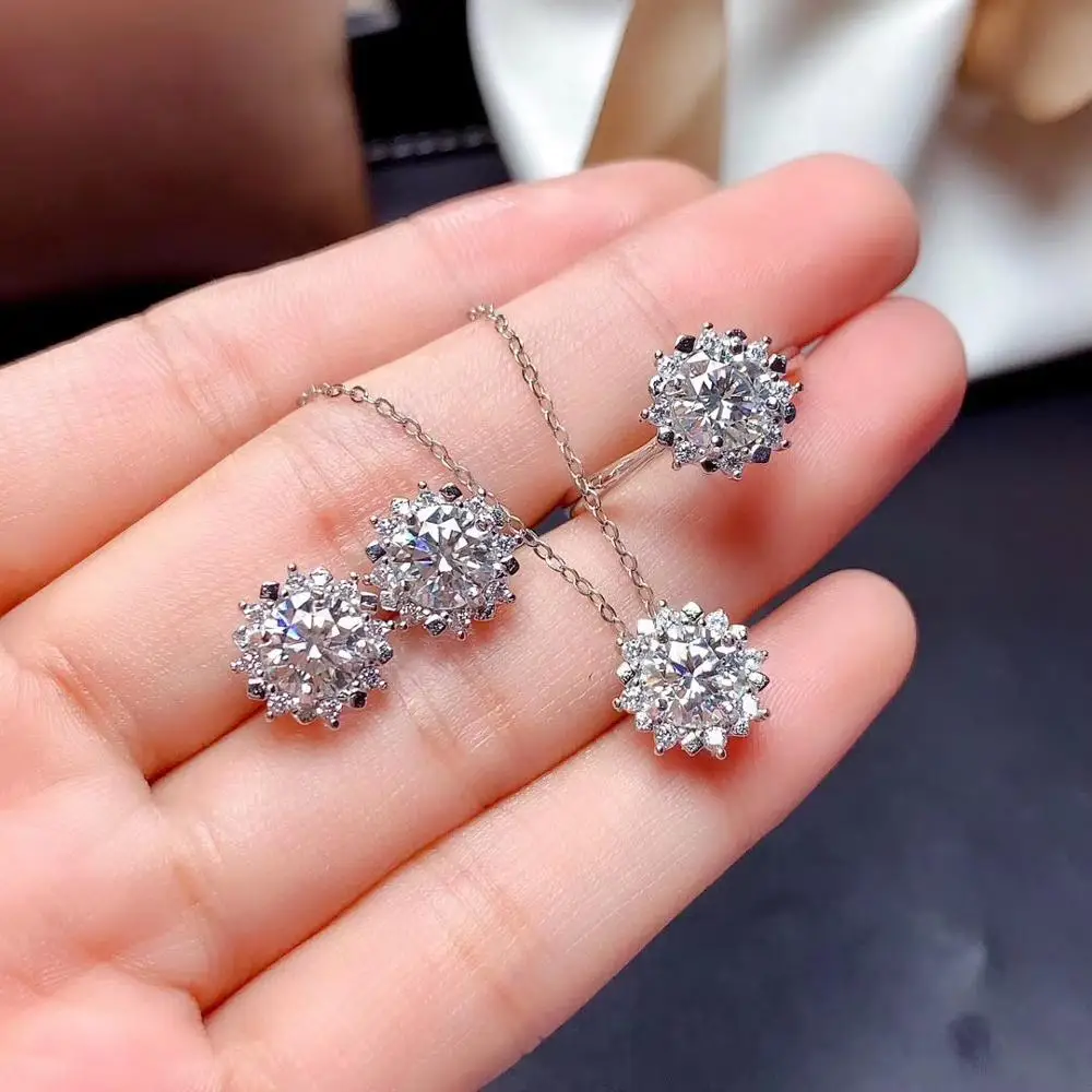 

2021 new jewelry set pouring shiny moisanite gemstone necklace ring stud earring real 925 sterling silver birthday party gift