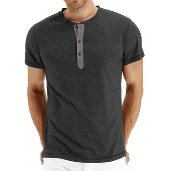 2021 New Men‘s Daily Summer Casual T-shirts Button Up O Neck Solid Color T-shirt Short Sleeves Simple Fashion Comfy High Quality 7