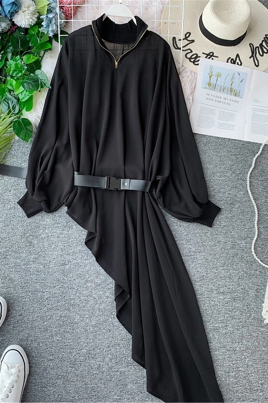 Черный ALPHALMODA резортная блузка-толстовка с асимметричным подолом и длинными рукавами-фонариками, на молнии, с воротником, свободные модные блузки, топ с поясом - Цвет: Черный