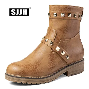 

SJJH Women Rivet Boots with Round Toe and Low Block Heels Comfortable Short Boots Zipper Casual Shoes with Large Size E008