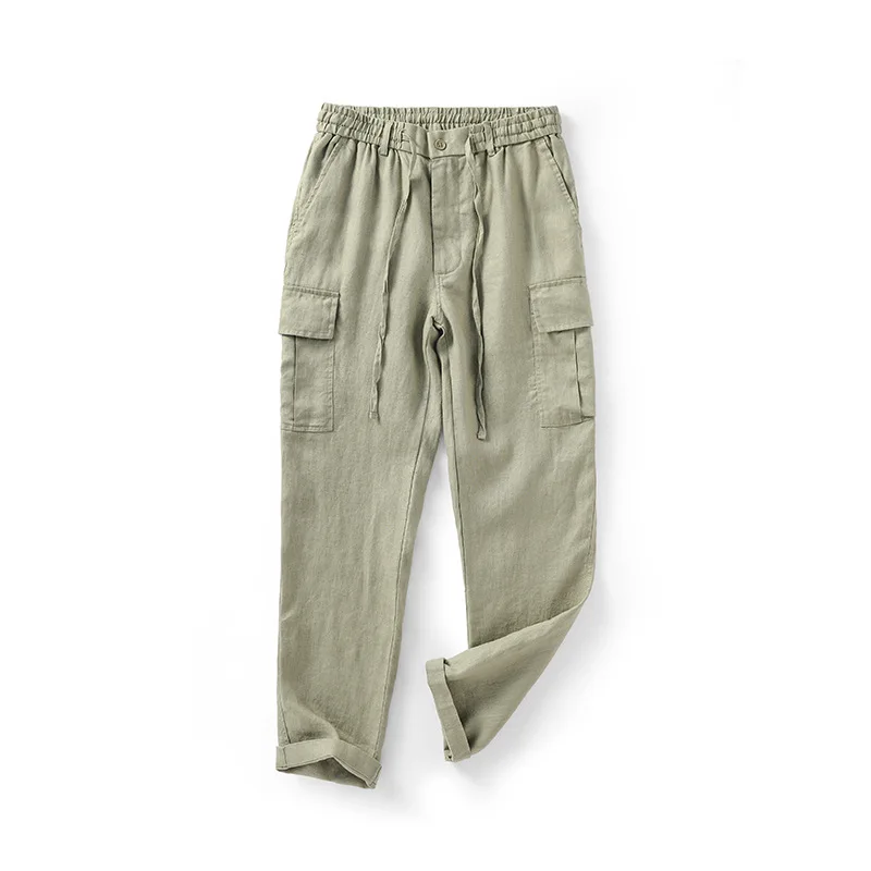 040 Spring Men's Linen Pants Cargo Multi-Pocket Drawstring Mid-Waist  Fashion Casual Loose Simple Youth Trousers Daily Outdoor