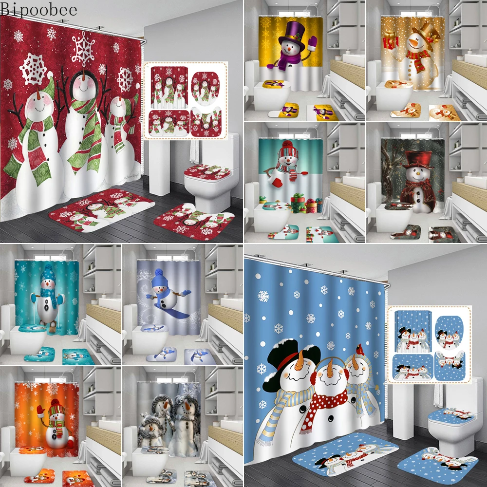 Bipoobee High Quality Fabric Shower Curtains Snowman Merry Christmas Toilet Cover Rug Bath Mat Set Bathroom Curtain Home Decor | Дом и сад