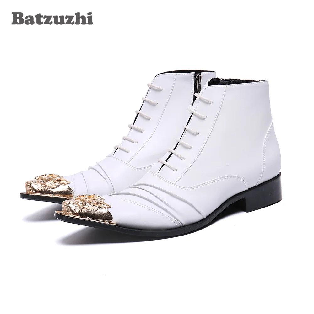 Batzuzhi/модные мужские ботинки ботильоны из натуральной кожи с металлическим