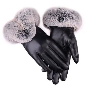 

Touch Screen Gloves PU Leather Women Gloves Waterproof Faux Rabbit Fur Thick Warm Spring Winter Gloves Christmas Gifts