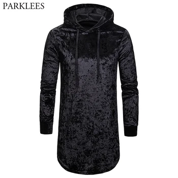 

Extra Long Velvet Hoodie T Shirt Men 2019 Casual Longline Hooded Velour Mens T-shirts Hip Hop Hipster Black Tee Shirt Homme 2XL