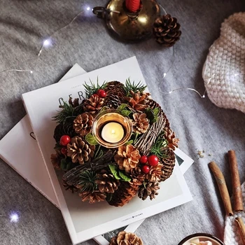 

Christmas Candle Holders Pine Cone Berries Woodland Rustic Xmas Decor Table Centerpiece Christmas Wreath with Four CandleHolder