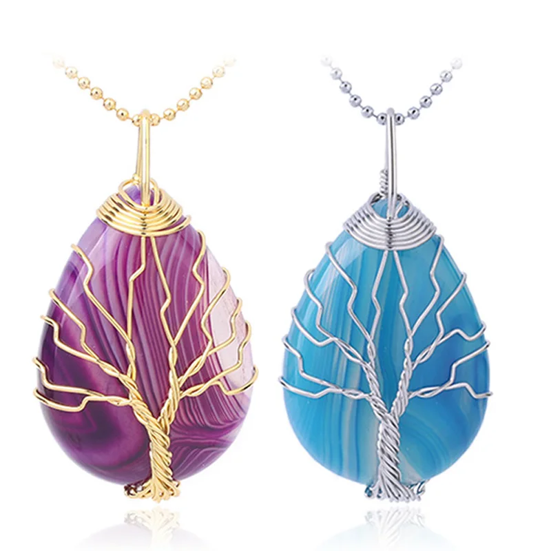 

Tree of Life Agate Crystal Pendant Necklace Natural Stone Pendant Golden Winding Gemstone Floating Water Drop Natural Landscape