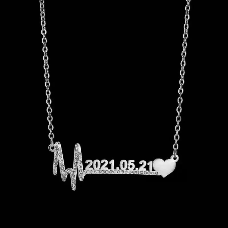 Custom Birth Year Number Necklace Personalized Heartbeat Letter Pendant Gold Plated Stainless Steel Electrocardiogram Necklace