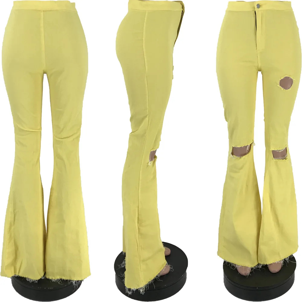 GBYXTY неоновые зеленые уличные рваные джинсы с высокой талией и расклешенным низом женские рваные тонкие джинсовые расклешенные брюки размера плюс ZL486