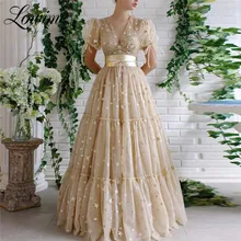 Длинное вечернее платье цвета шампанского с v-образным вырезом и коротким рукавом А-силуэт вечерние платья Дубай элегантные вечерние платья для женщин