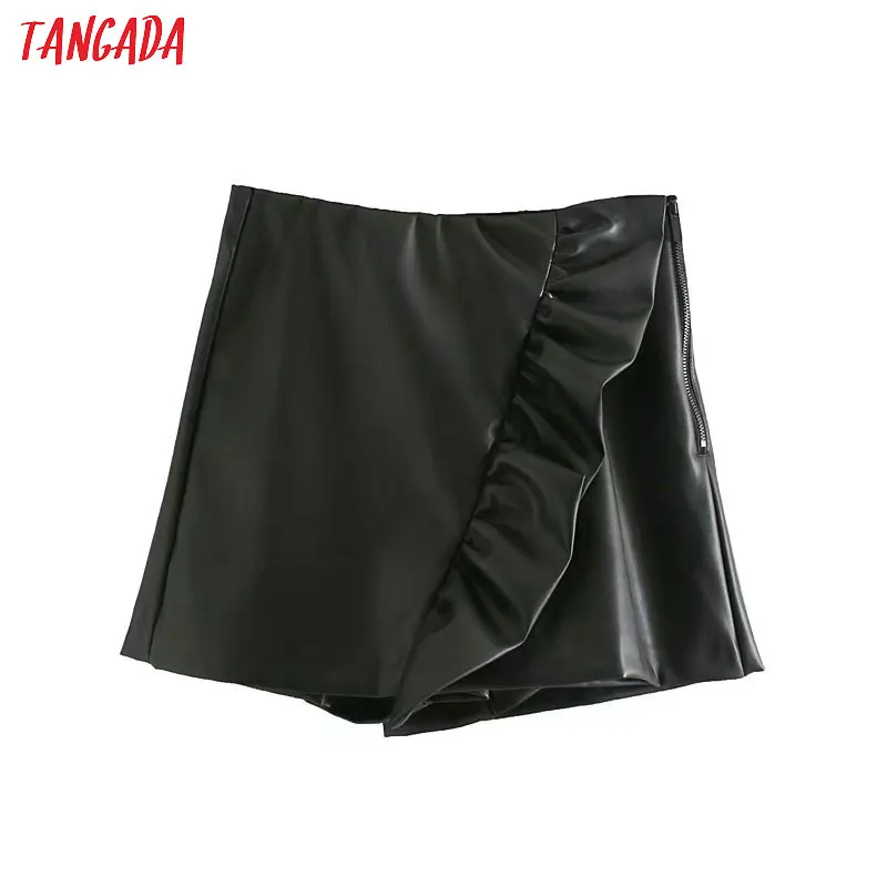Tangada, Женская юбка из искусственной кожи с оборками, шорты, черные, Новое поступление, карманы, женские, высокая талия, женские повседневные шорты, 4M132