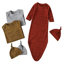 Однотонное вязаное Пеленальное Одеяло для маленьких девочек, спальный мешок+ шапка, комплект От 0 до 1 года