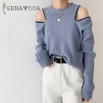 

Genayooa Streetwear Zipper Off Shoulder Sweater Women Clothing Chic Ladies Jumpers 2020 Autumn Winter Korean Style Pullovers