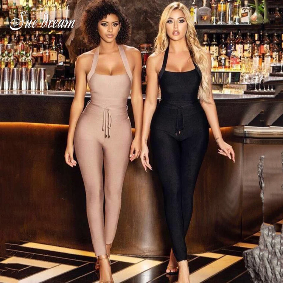 Promo Jumpsuit Black Bodycon Club Backless-Bandage Sexy HALTER Summer Women's New Apricot NyoOnJXlG