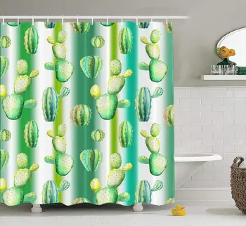 

Watercolor Cactus Shower Curtain, Watercolor Green Cactus Pattern with Striped Bright Summer Fabric Bathroom Shower Curtain