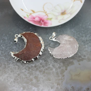 

Raw Stones Plated Silvers moon crescent Shape Pendants Necklace,Natural India agates pink crystal Jewelry Making,5pcs/lot