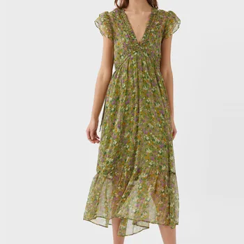

2020 Za Chiffon Long Print Dress Women Summer Sleeveless Ruffle Trim Interior Lining Lady Elegant Pleated Floral Midi Dresses