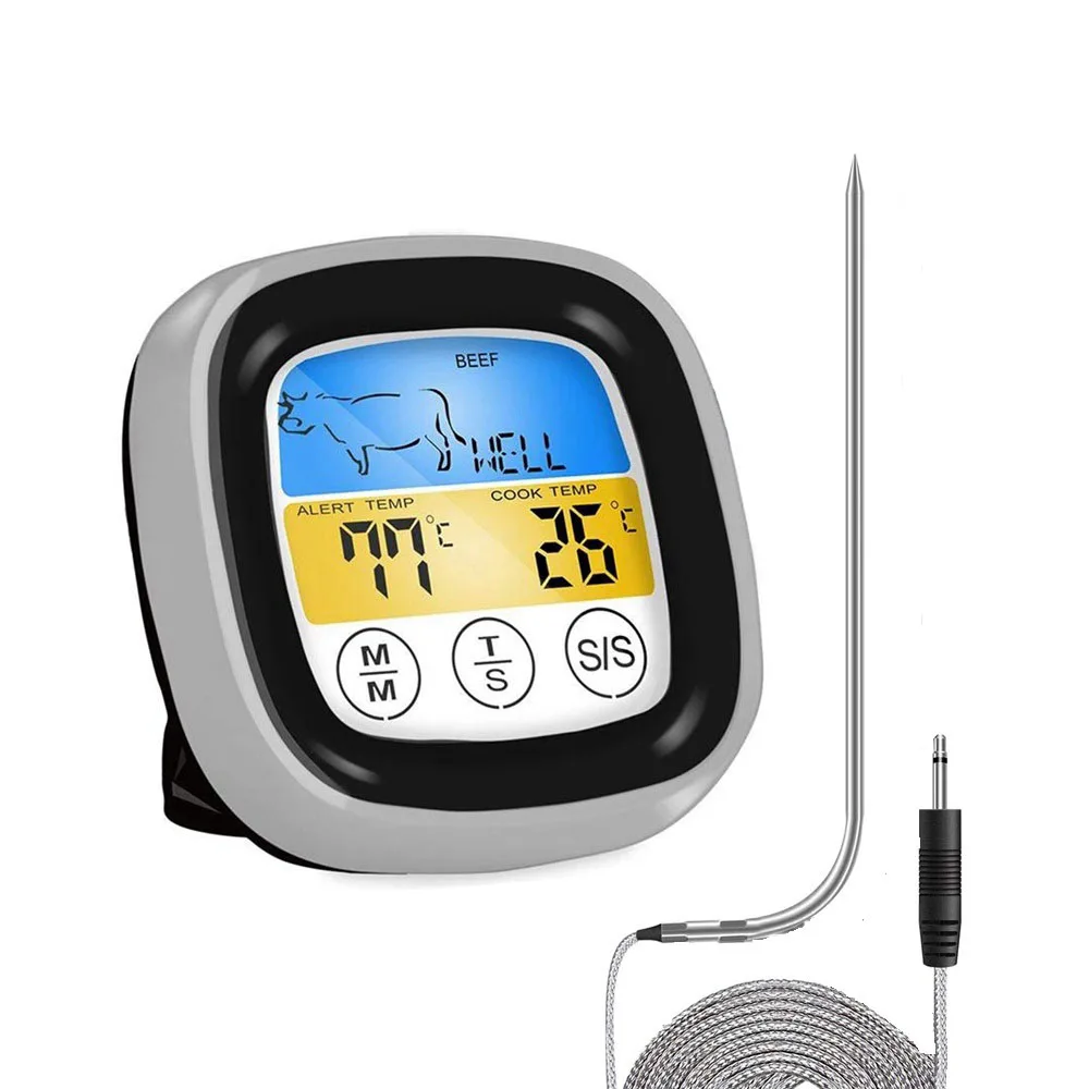 

Digital Cooking BBQ Thermometer Food Meat Temperature Meter LCD Touch Screen for Grill Oven Smoker Timer Stainless Steel Probe