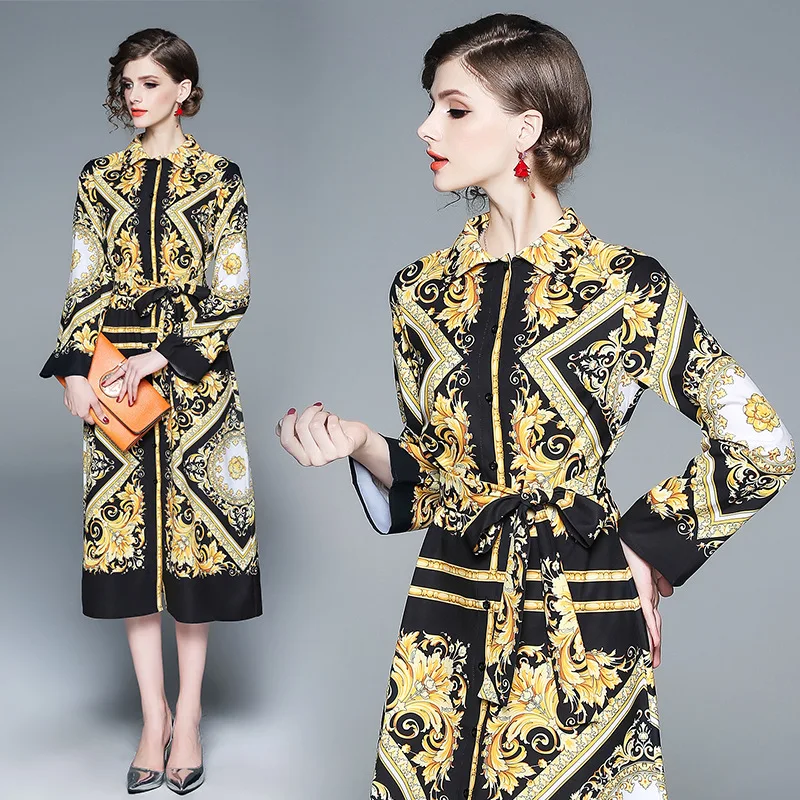 

Ozhouzhan 2018 Autumn And Winter New Style WOMEN'S Dress Fold-down Collar Vintage Printed Lace-up Waist Hugging Slimming Dress H