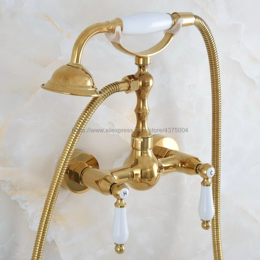 Wall Mounted Gold Color Brass Bath Faucets Bathroom Mixer Tap Crane With Hand Shower Head Faucet Sets Nna835 | Обустройство дома