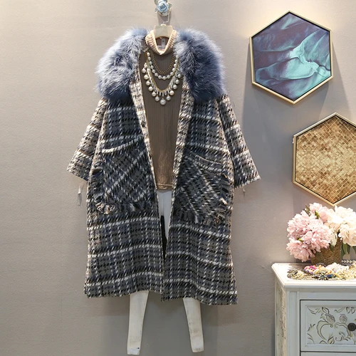 Gray-blue Новинка зимы, модное женское пальто, повседневное, в клетку, с шерстяным воротником, свободное, большое, шерстяное пальто, длинное пальто, зимнее пальто для женщин, большие размеры - Color: Gray-blue