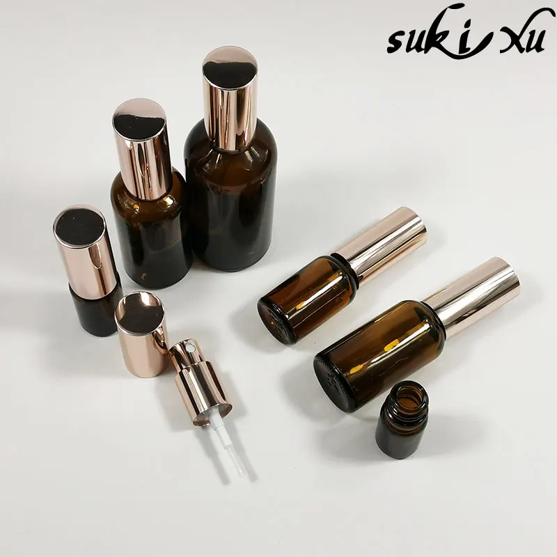 

2pcs Rose Gold Cap/Lid Amber Glass Spray Bottle for Perfume/Toner/Hydrolat Water Makeup Sprayer Travel Skincare Refill Container
