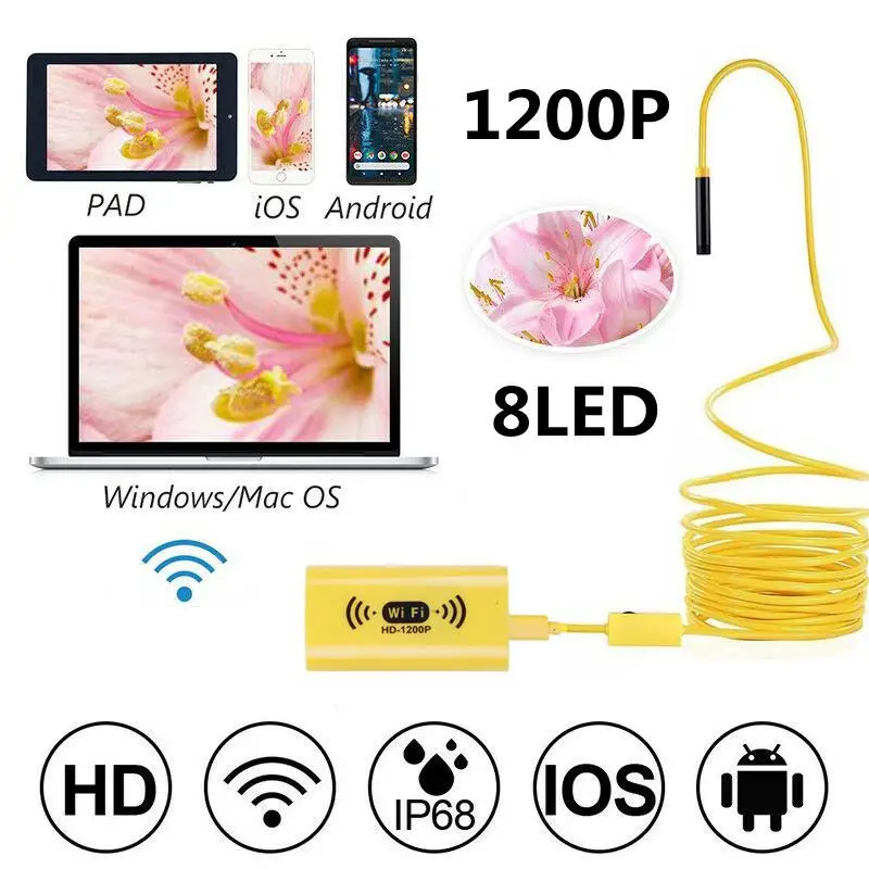 

1200P 2MP WIFI Endoscope Camera Mini Waterproof Hard Cable Inspection Camera 8mm 2M 3.5M 5M Android Borescope IOS For Iphone