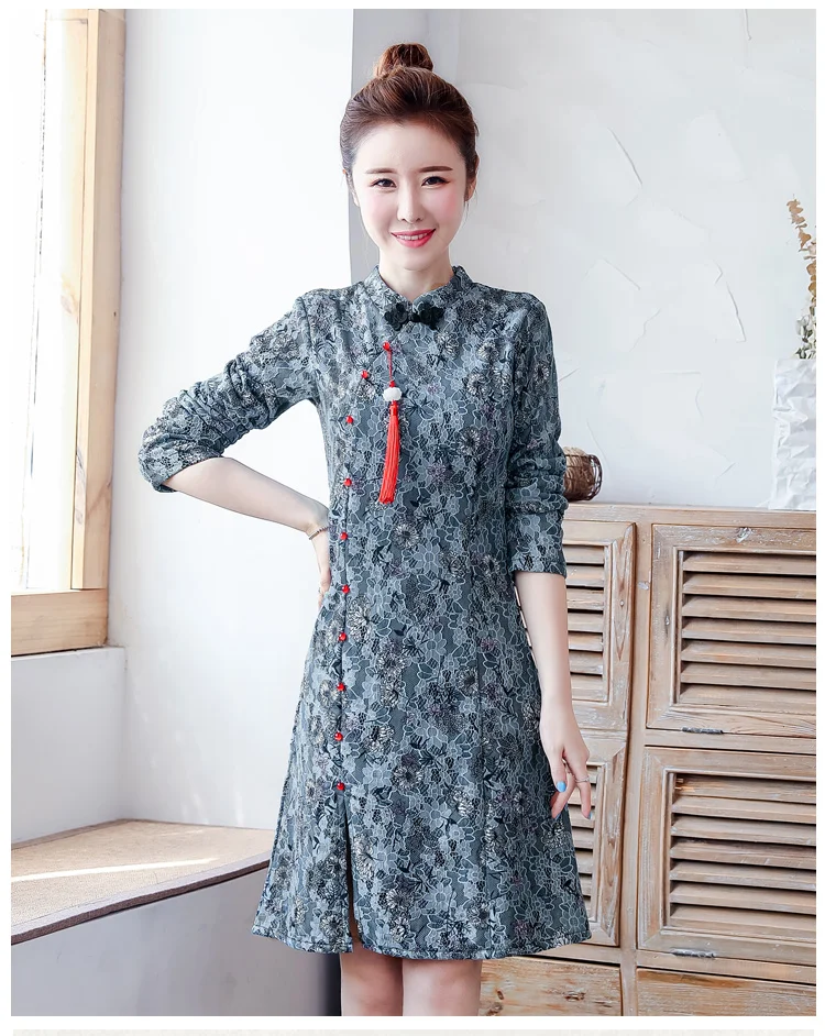 Клетчатые винтажные Ретро Qipao вечерние платья в китайском традиционном стиле Cheongsam Qipao высококачественное кружевное платье с вышивкой зимнее платье с длинными рукавами