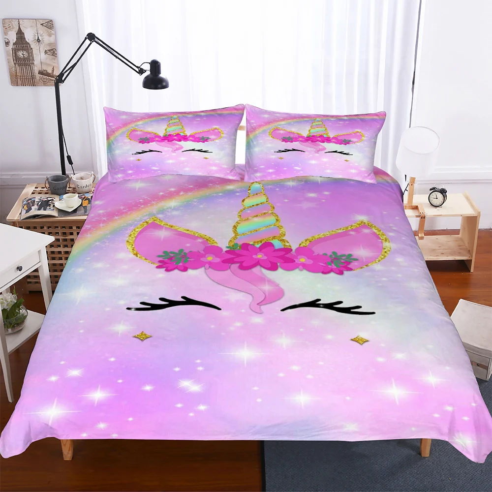 Best Wensd Pink Unicorn Cartoon Bedding Princess Duvet Cover Set