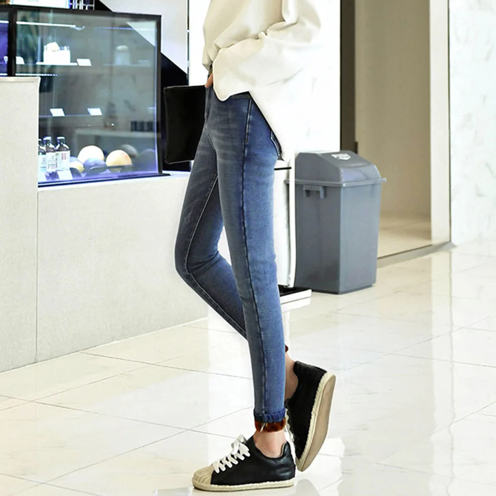 Зимние толстые теплые флисовые джинсы для женщин с высокой талией джинсовые узкие повседневные штаны размера плюс S-5XL винтажные синие корейские модные