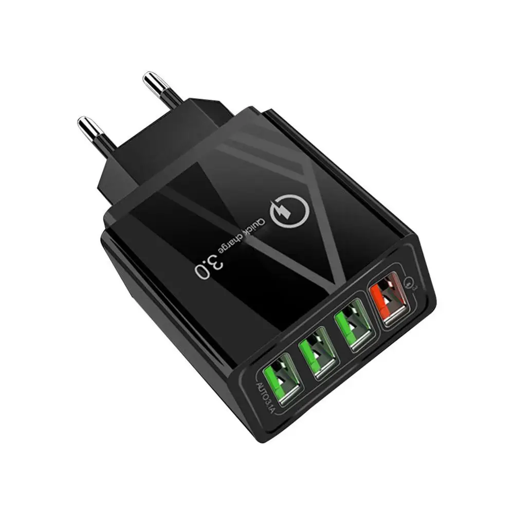 4 usb порта, настенное зарядное устройство QC3.0, быстрое зарядное устройство для телефона, штепсельная вилка США/ЕС/Великобритании, быстрая зарядка, 5 В, 3 А, зарядное устройство для мобильного телефона, для дома, офиса, путешествий - Тип штекера: Black EU