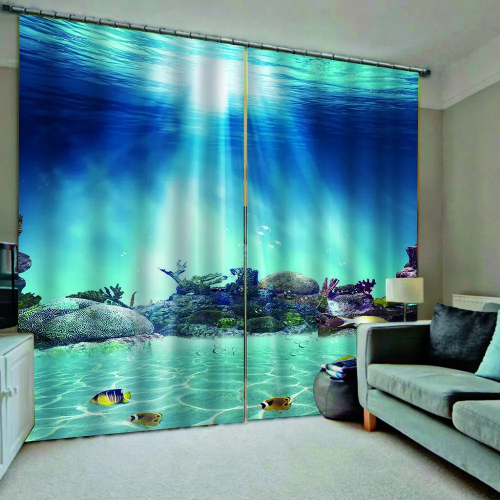Window Curtain Blue Seawater Printing 3D Curtains Living Room Bedroom Drapes 