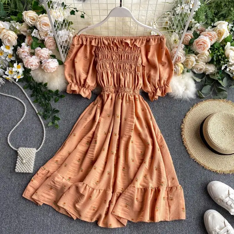 SINGRAIN Women Ruched Ruffle Dress Korean Puff Sleeve Slash Neck A Line Dress Summer Vacation Casual Print Floral Dress 2020