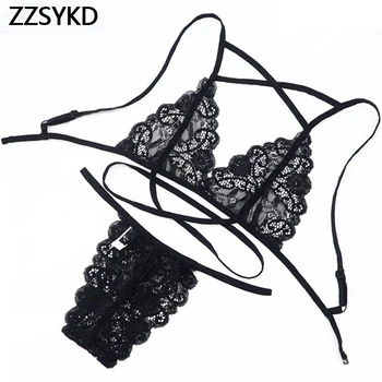 

Summer Women Bra Set Sexy Deep V Erotic Lace Lingerie Light And Breathable Bralette Transparent G-string Crop Top Bustier Sets