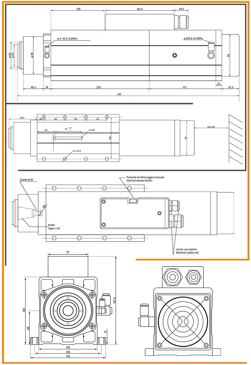 6.0KW ATC воздушный coolling мотор шпинделя 800 Гц 4 полюса 220 В/380 В Автоматическая смена инструмента с воздушным охлаждением мотор шпинделя ISO30 держатель инструмента