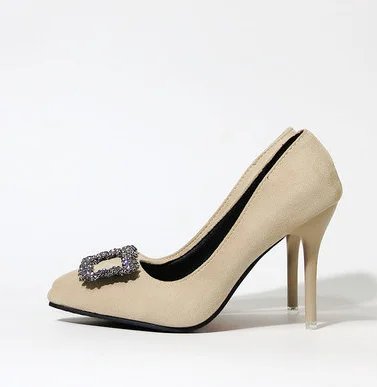 beige 10cm Роскошная женская обувь из флока на низком каблуке, украшенная жемчугом обувь принцессы с острым носком широкий выбор размеров 48-34, 47, серый и черный цвета,, американский стиль - Цвет: beige 10cm