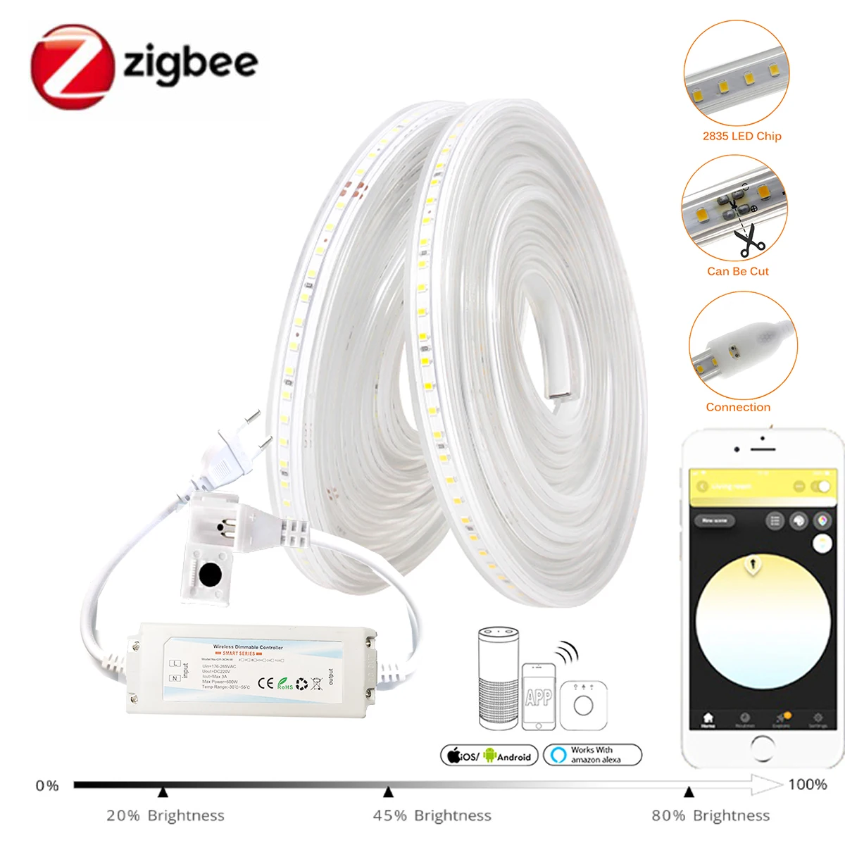 220V Zigbee 3.0 Dimmer Controller Flexible LED Light Strips 120LEDs/m