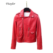 Fitaylor, новинка весны, женская красная куртка из искусственной кожи, мягкая искусственная кожа, верхняя одежда, отложной воротник, короткая, тонкая, искусственная кожа, мотоциклетная, Байкерская, панк, пальто