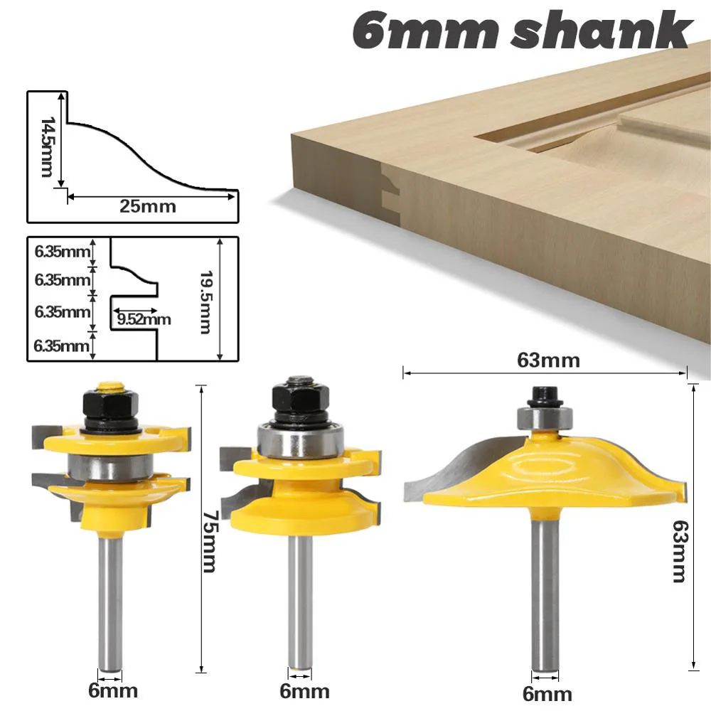 3PC/Set 6MM Shank Milling Cutter Wood Carving Rail &amp Stile Router Bits-Matched Standard Ogee Door Knife Woodworking Tenon | Инструменты