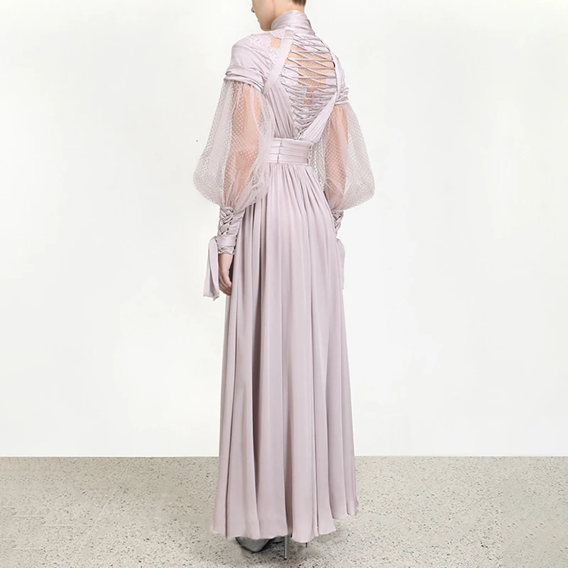 CHICEVER лоскутное точка сетки Ruched платья для женщин водолазка фонарь с длинным рукавом Высокая талия на шнуровке платье женская мода