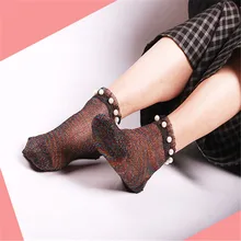 Женские носки женские прозрачные кружевные жемчужные ультратонкое стекло шелковистые короткие носки до лодыжки блестящие женские носки с имитацией жемчуга